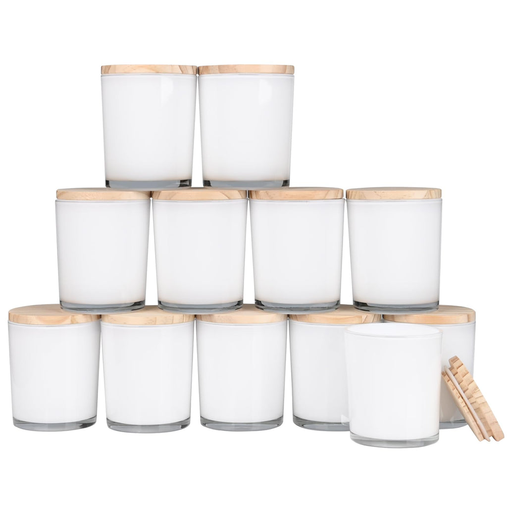 SHOWIN Thick Candle Jars for Making Candles 12 Pcs, 7 OZ Empty Jars with Wood Lids for Candle Making, Sample Container, Clear