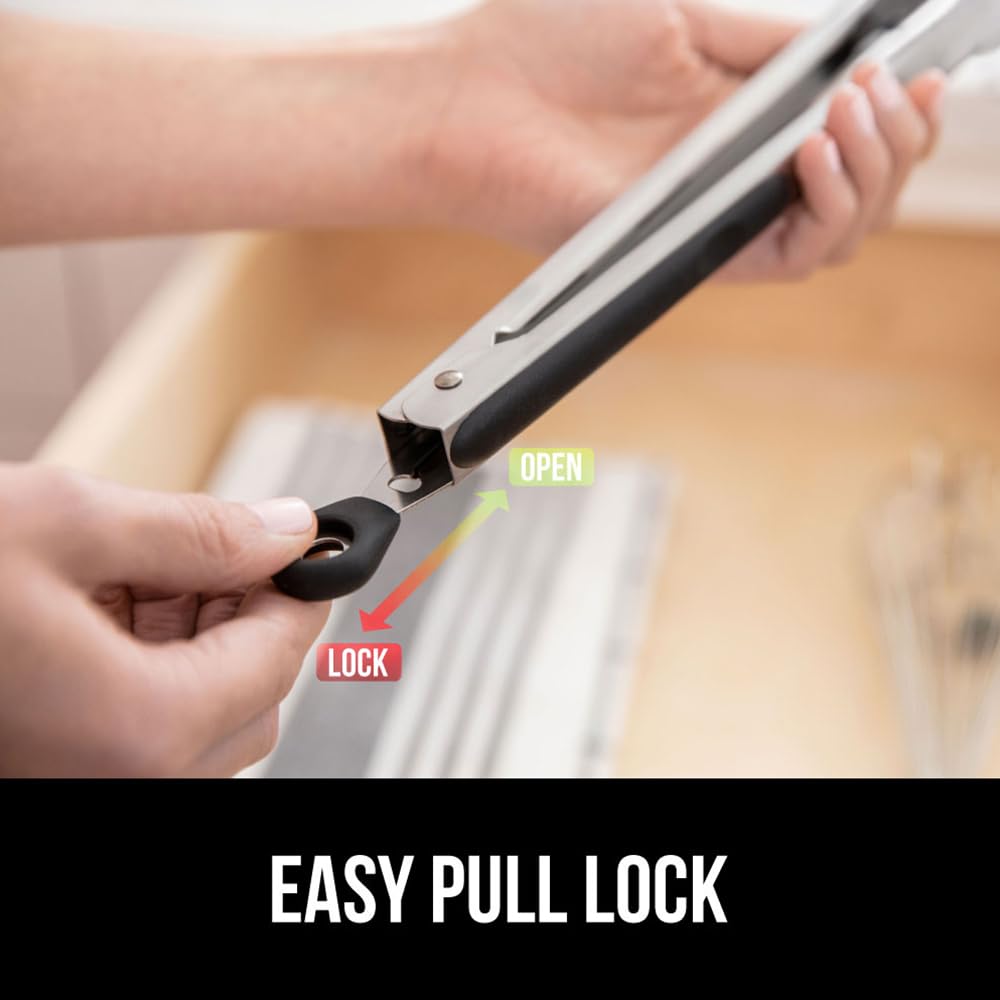 GORILLA GRIP Stainless Steel BPA-Free Kitchen Tongs for Cooking, 7+9+12 Inch, Heat Resistant BBQ Tong Set of 3, Non Scratch Silicone Tip for Pan, Strong Grip, Grab Food, Toss Salad, Pull Lock, Black