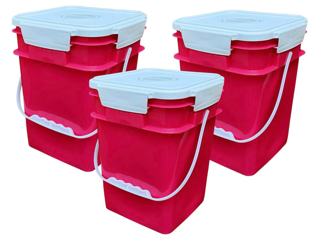 House Naturals 4 Gallon Square Food Grade Bucket Pail with Plastic Handles and Lid (Pack of 3) Made in USA containers (White)