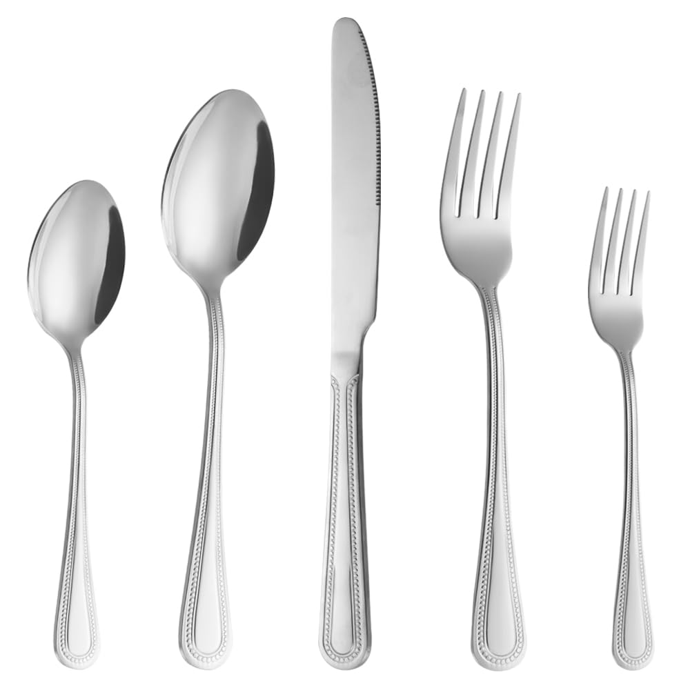 40 Pcs Silver Silverware Set for 8, Food Grade Stainless Steel Flatware Set, Eating Utensils Sets Include Fork/Knife/Spoon, Reusable Cutlery Set for Home Kitchen, Dishwasher Safe, Round Hammered