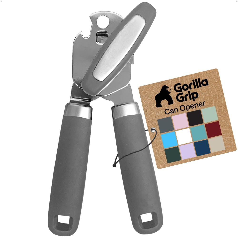 GORILLA GRIP Original Model Stainless Steel Smooth Edge Manual Can Opener and Bottle Openers, US Designed, Comfortable Handle, Oversized Handheld Turn Knob, Multifunctional Kitchen Tool, Gray