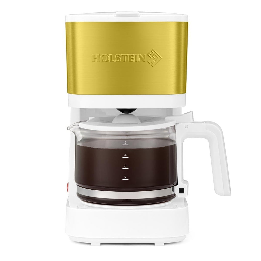 Holstein Housewares 5 Cup Drip Coffee Maker – Compact and User-Friendly with Auto Pause & Serve, Reusable Filter, Measuring Spoon & Glass Carafe, Office & Dorm Use, Yellow