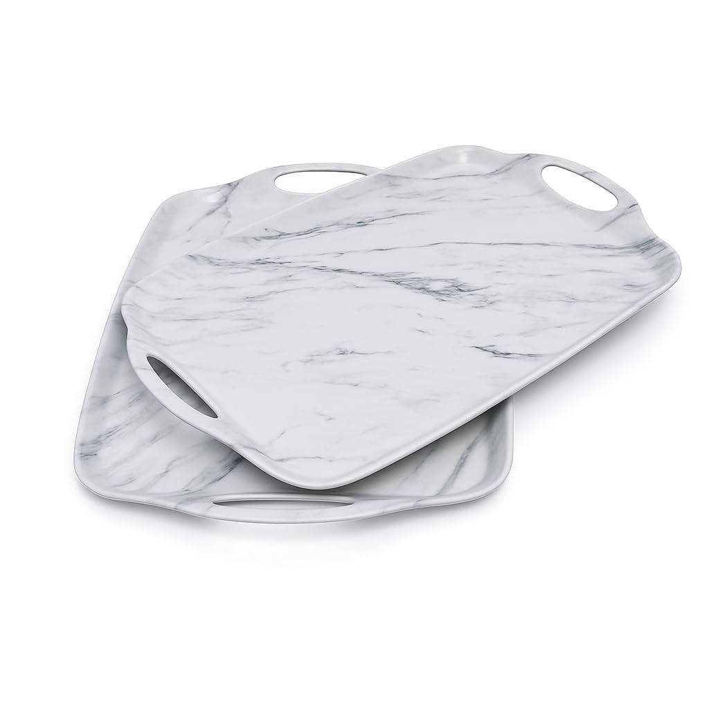 TP Melamine Serving Trays with Handles, 17” x 12”, Set of 2, White Marble