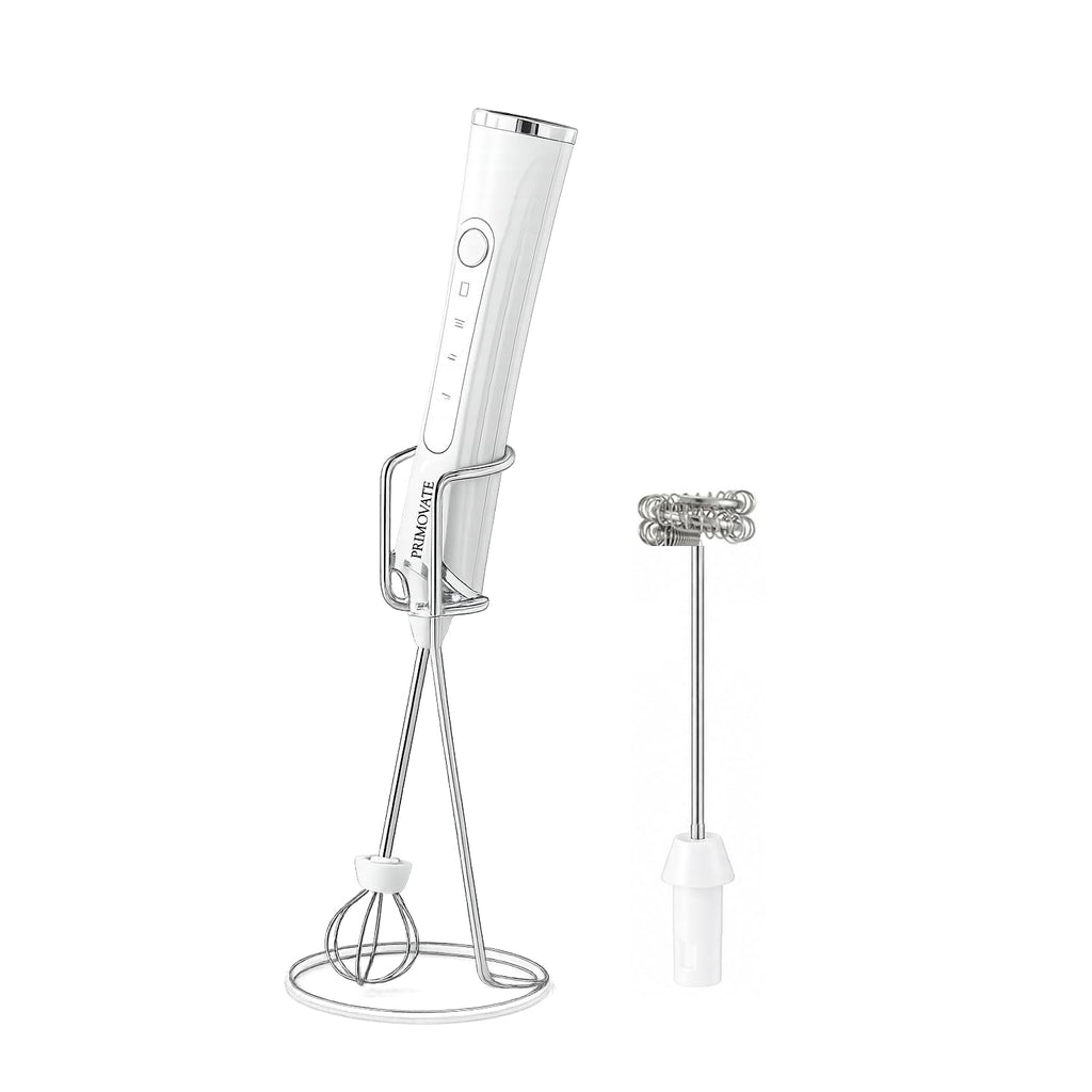 PRIMOVATE Rechargeable Milk Frother Handheld, Electric Coffee Frother with 2 Whisk, 3-Speed Powerful Drink Mixer, USB-C, Milk Foamer for Coffee,Latte,Cappuccino,Matcha & HotChocolate(White + Stand)