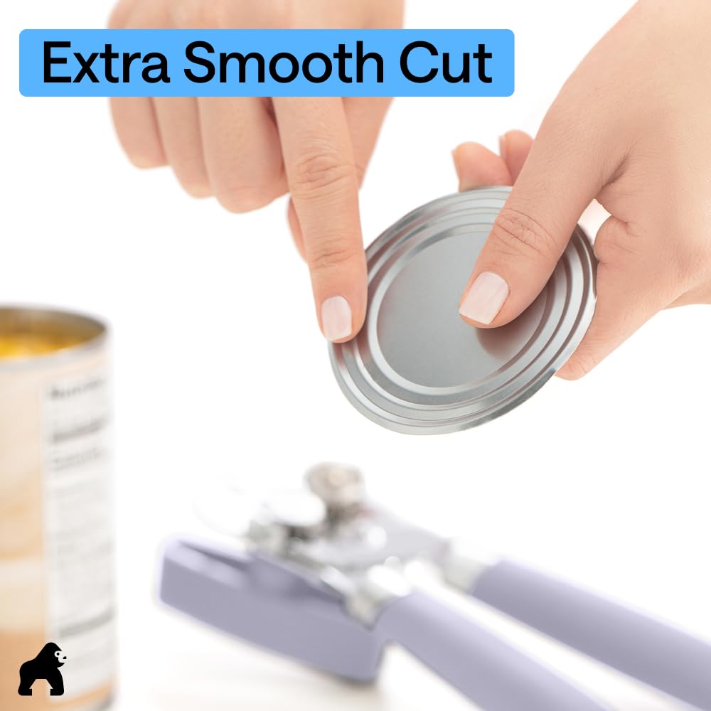 GORILLA GRIP Original Model Stainless Steel Smooth Edge Manual Can Opener and Bottle Openers, US Designed, Comfortable Handle, Oversized Handheld Turn Knob, Multifunctional Kitchen Tool, Lavender