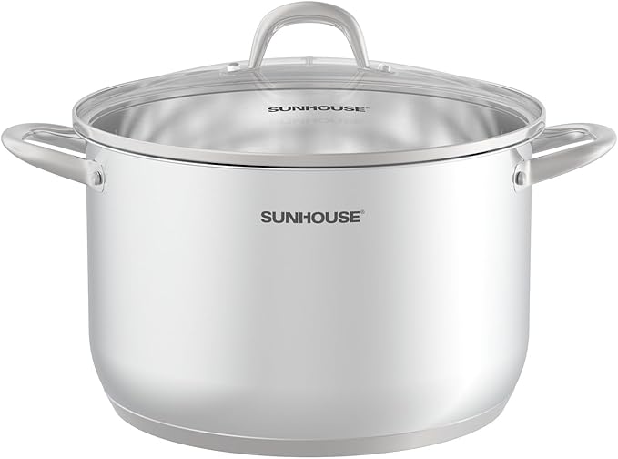 Sunhouse: Stainless Steel Stock Pot - 11 Quart - Tempered Glass Lid, 3-Ply Bottom, Soup-Pasta-Food, Boil-Simmer, All Cooktops, Dishwasher & Oven Safe