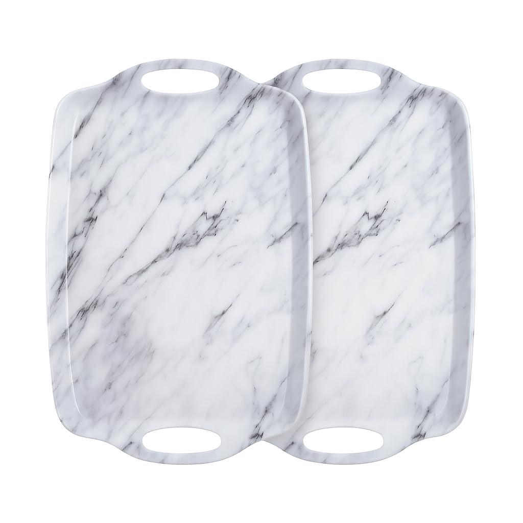 TP Melamine Serving Trays with Handles, 17” x 12”, Set of 2, White Marble