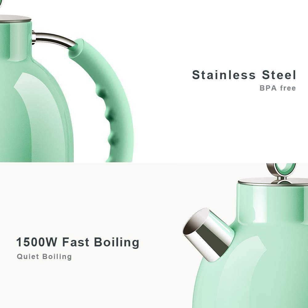 Electric Kettle, ASCOT Electric Tea Kettle, Stainless Steel Water Boiler, Fast Boiling, 1.5L, 1500W, BPA-Free, Cordless, Automatic Shutoff, Boil-Dry Protection, Green