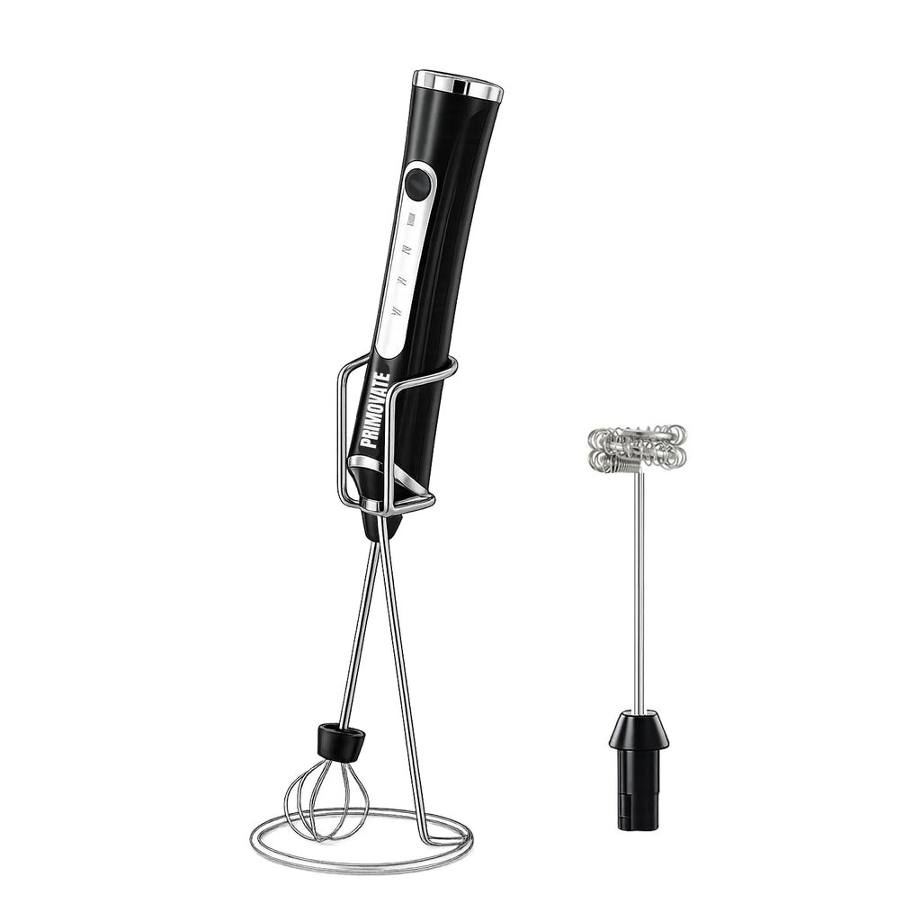 PRIMOVATE Rechargeable Milk Frother Handheld, Electric Coffee Frother with 2 Whisk, 3-Speed Powerful Drink Mixer, USB-C, Milk Foamer for Coffee,Latte,Cappuccino,Matcha & HotChocolate(White + Stand)