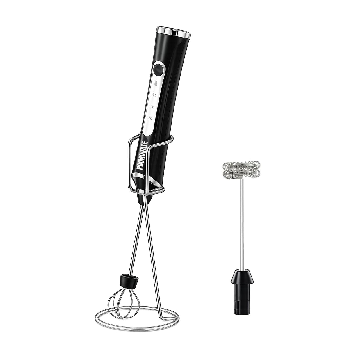 PRIMOVATE Rechargeable Milk Frother Handheld, Electric Coffee Frother with 2 Whisk, 3-Speed Powerful Drink Mixer, USB-C, Milk Foamer for Coffee,Latte,Cappuccino,Matcha & HotChocolate(White + Stand)
