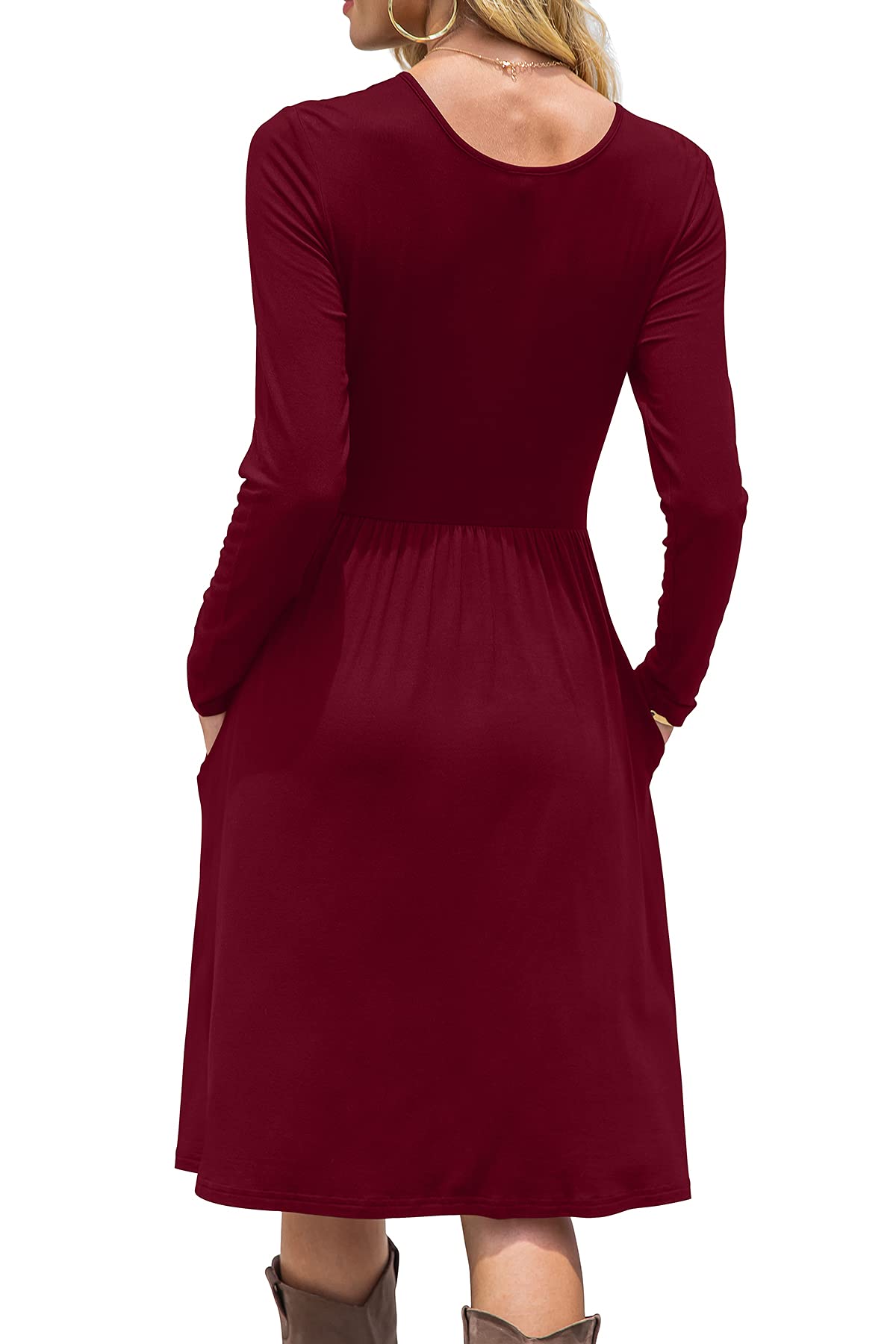DB MOON Women Casual Long Sleeve Dresses Empire Waist Knee Length Loose Dress with Pockets (Wine Red, 3XL)