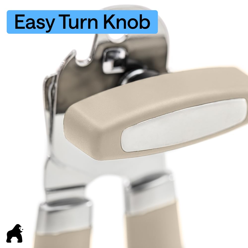 GORILLA GRIP Original Model Stainless Steel Smooth Edge Manual Can Opener and Bottle Openers, US Designed, Comfortable Handle, Oversized Handheld Turn Knob, Multifunctional Kitchen Tool, Almond