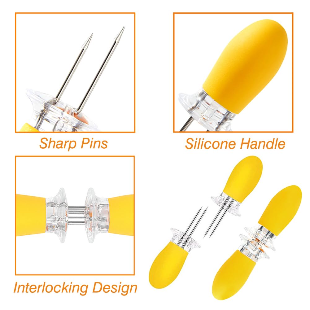 16Pcs/8 Pairs Yellow Corn Holders,PEOUWNES Stainless Steel Corn Cob Holders Corn on The Cob Skewers, Corn on The Grill, Interlocking Design Corn Skewers Forks for Home Cooking BBQ Parties Camping