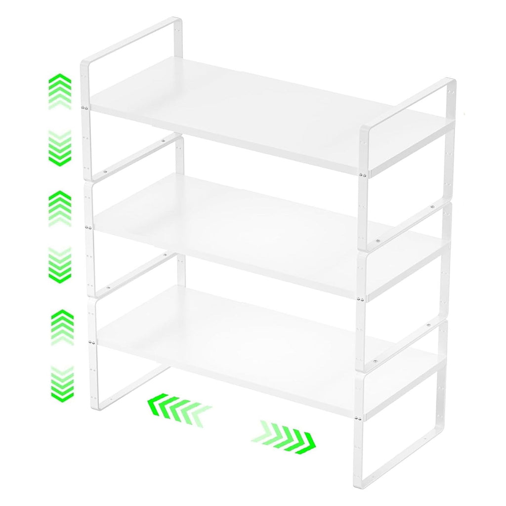 LOCVCDA Expandable Kitchen Cabinet Storage Shelf, Stackable Metal Pantry Storage Shelves Organizer, Adjustable Height Counter Spice Rack for Kitchen Cabinet, Countertop, Pantry and Office