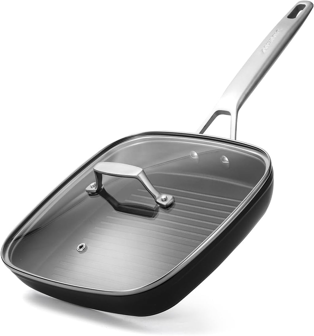 MsMk 9.5 Inch Nonstick Square Grill Pan with lid, Induction Bacon Pan