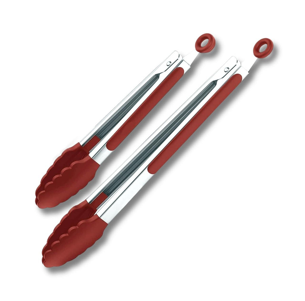 Red Stainless Steel Tongs Heat Resistant Kitchen Tongs Set - 9" & 12" Inch, BBQ Tongs with Silicone Tip, Strong Grip for Cooking, Salad Tossing, Air Fryer, & Grill Tongs- Pull Lock, Red - Set of 2
