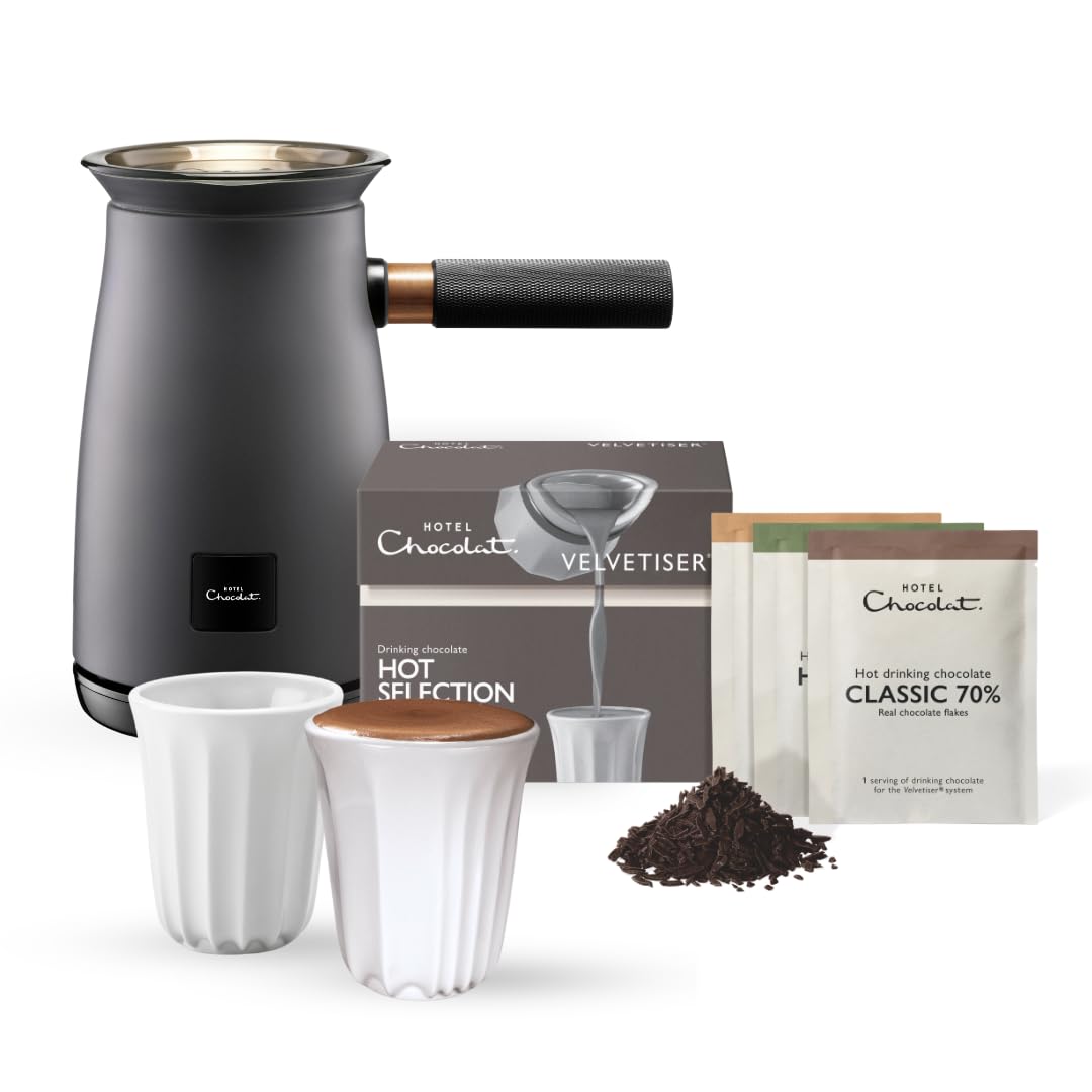 Hotel Chocolat Hot Chocolate Maker - Classic Velvetiser, Barista Grade Drinking Chocolate Maker, 2 Ceramic Cups, Premium Drinking Chocolate Selection - Charcoal Edition