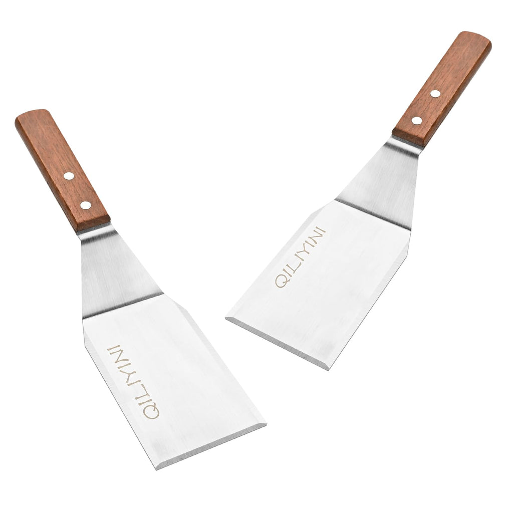 QILIYINI 2 Pcs Stainless Steel Spatula Turner for Cast Iron Skillet, Grill Spatula with Wooden Handle, Heavy Duty Pancake Turner Metal