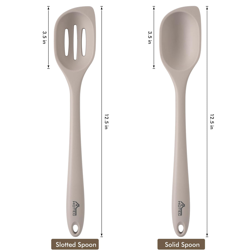 HOTEC Heat Resistant Silicone Cooking Spoon Spatula, Large Kitchen Solid and Slotted Spoons for Mixing, Serving, Scraping, Non-stick, Dishwasher Safe Khaki 12.5inch