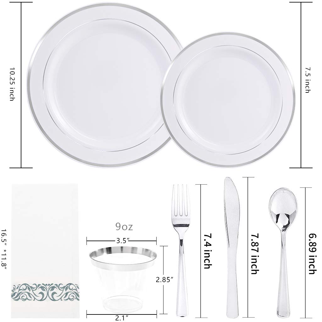 bUCLA 350PCS Silver Plastic Dinnerware Set for 50 Guests - Silver Plates Disposable Include 50 Dinner & 50 Dessert Plates,50 Forks,50 Knives,50 Spoons,50 Cups,50 Napkins for Party & Christmas