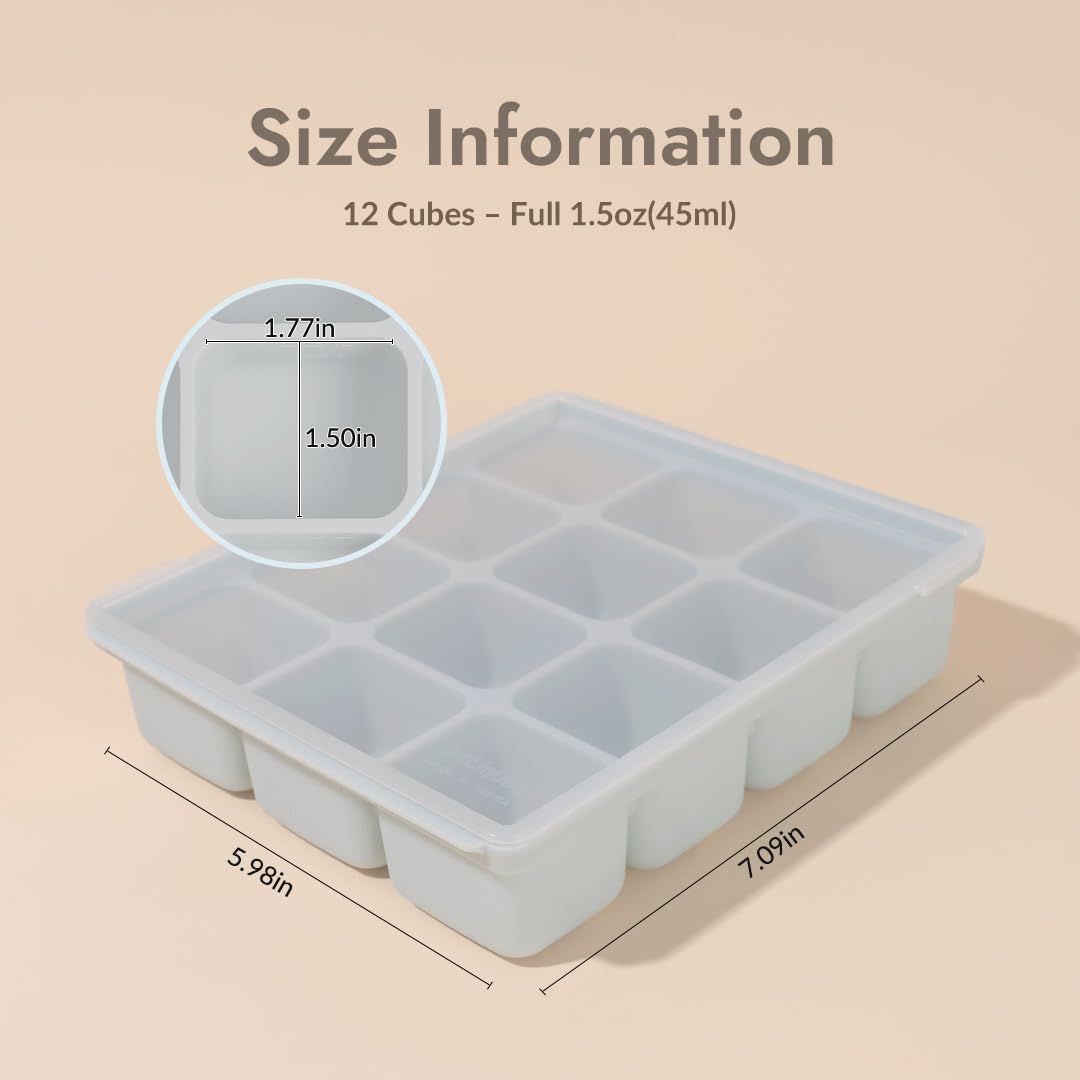 PETINUBE Baby Food Storage Silicone Cubes with Clip-On Lid Freezer Tray Baby Food Soups Purees Ice Safe Design Made in Korea(12cubes 1.5oz, Ocean Blue Set of 2)