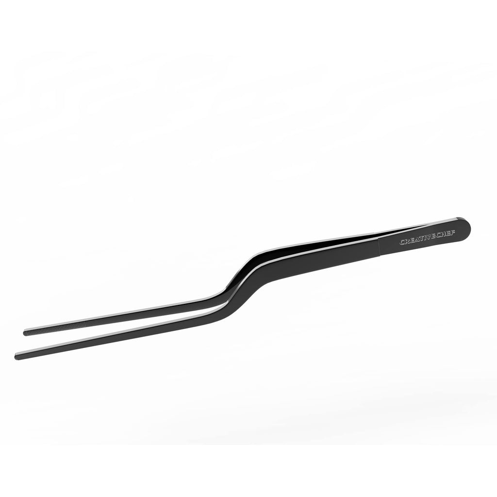 CREATIVECHEF 8 Inch Curved Stainless Steel Precision Kitchen Cooking Multi-function Tweezers Culinary Offset Tweezer Tongs (Curved, Blue)