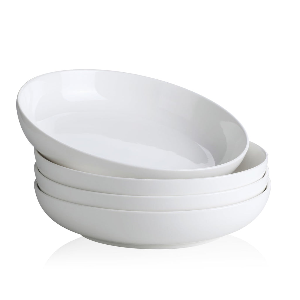 Y YHY 9.75" Large Pasta Bowls, 50 Ounces Big Salad Bowls, Ceramic Serving Bowl Set of 4, Wide and Shallow Bowls Set, Microwave and Dishwasher Safe, White