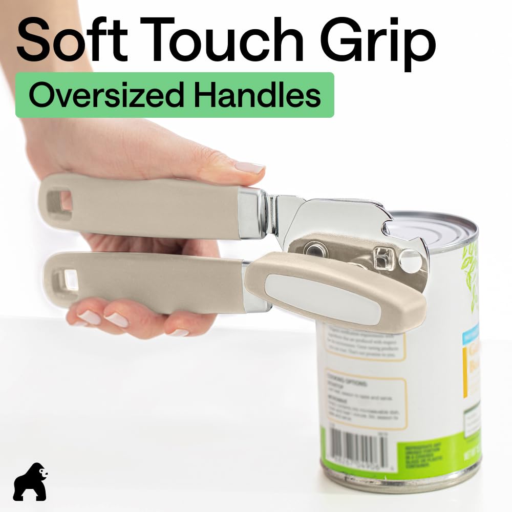 GORILLA GRIP Original Model Stainless Steel Smooth Edge Manual Can Opener and Bottle Openers, US Designed, Comfortable Handle, Oversized Handheld Turn Knob, Multifunctional Kitchen Tool, Almond