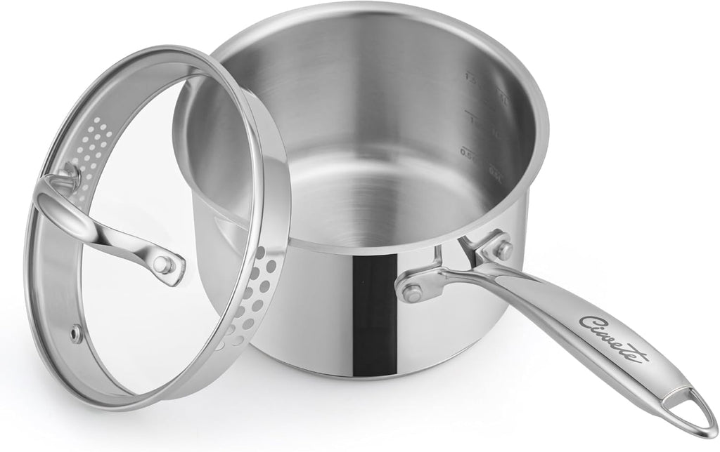 Ciwete 3 Qt Stainless Steel Saucepan with Glass Strainer Lid, 3 Quart Pot Stainless Steel Sauce Pan with Pour Spout, Mirror Polishing, Compatible with All Cooktops Dishwasher Safe Oven Safe