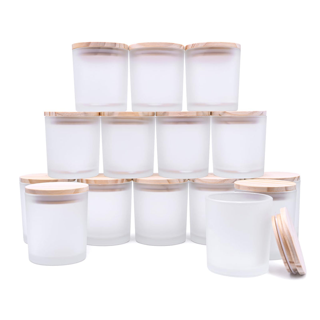 SHOWIN 10 OZ Thick Candle Jars for Making Candles 15 Pcs, Empty Jars with Wood Lids for Candle Making, Sample Container, Frosted Grey