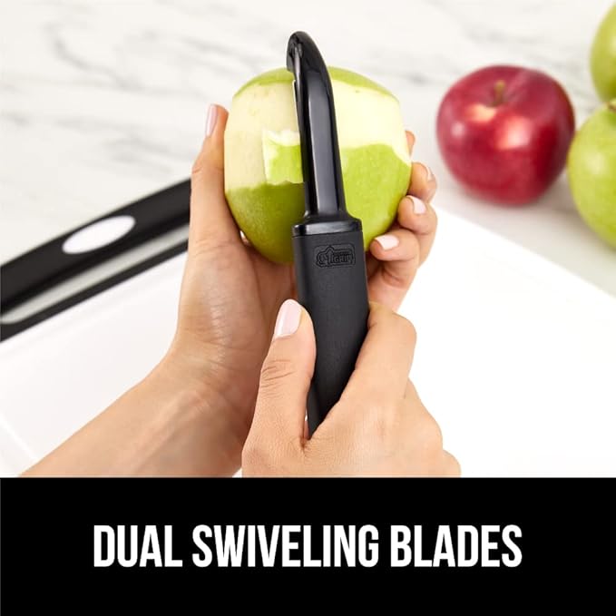 GORILLA GRIP Patented BPA-Free Sharp Stainless Steel Dual Swivel Vegetable Peeler, Soft Comfortable Handle, Smoothly Peel Apples Potatoes Carrots, Includes Blade Cover, Holiday Prep Essentials, Black