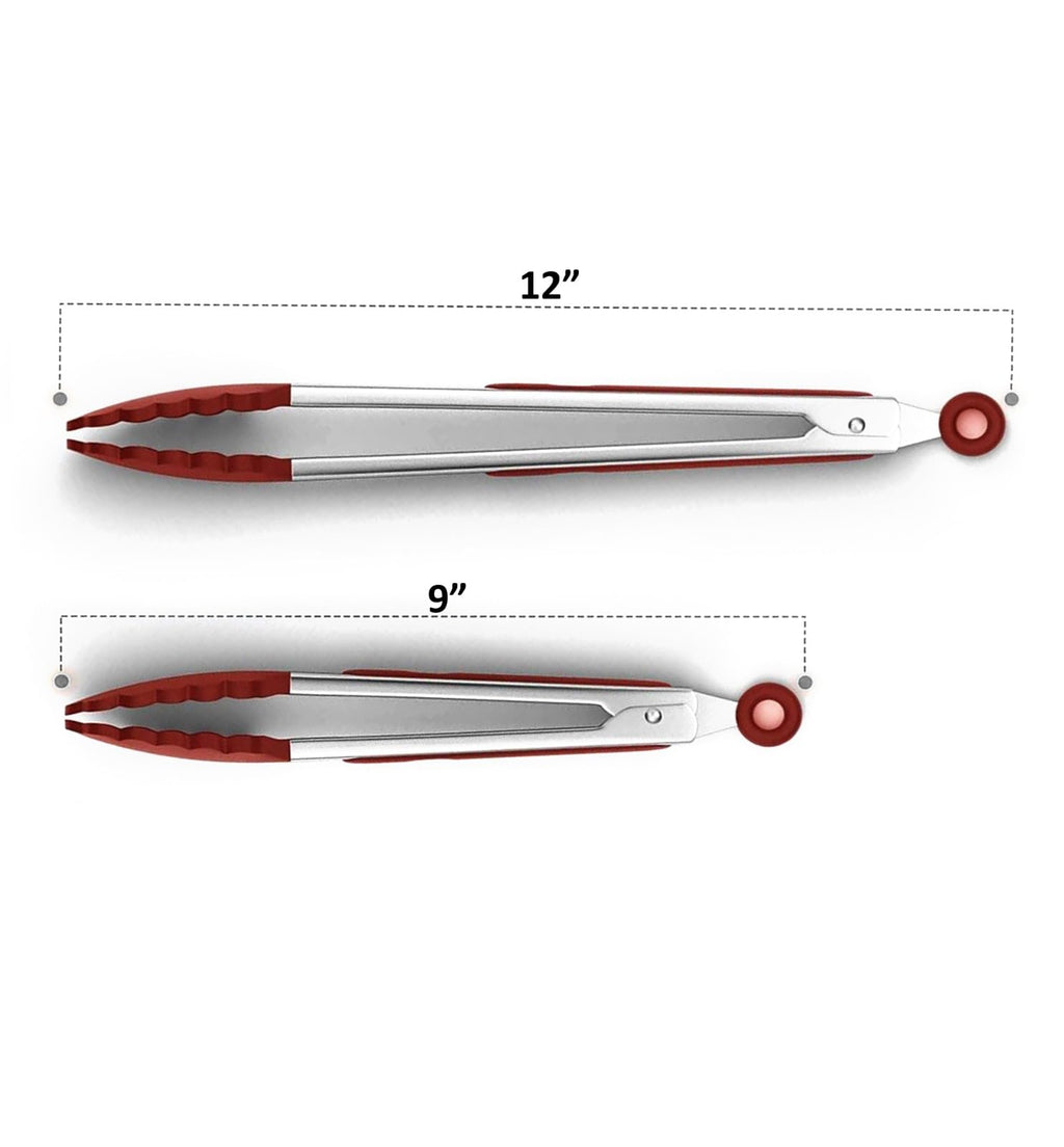 Red Stainless Steel Tongs Heat Resistant Kitchen Tongs Set - 9" & 12" Inch, BBQ Tongs with Silicone Tip, Strong Grip for Cooking, Salad Tossing, Air Fryer, & Grill Tongs- Pull Lock, Red - Set of 2