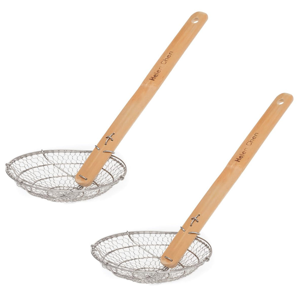 Helen's Asian Kitchen Deep Spider Strainer, 6-Inch Stainless Steel Mesh Basket With Bamboo Handle, For Noodles, Dumplings, Wontons, Deep Frying, And Draining Tasks