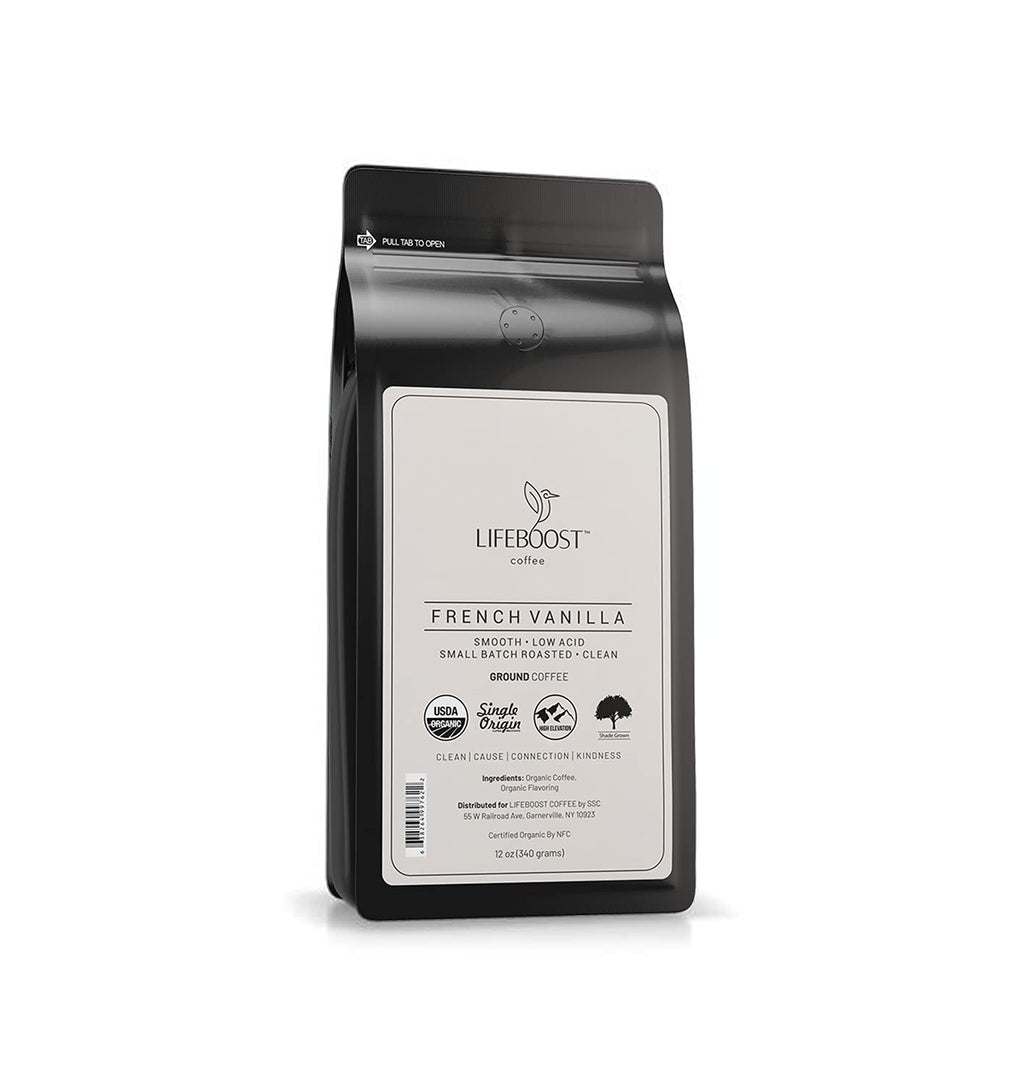 Lifeboost French Vanilla Low Acid Ground Coffee, Certified Organic, 12oz