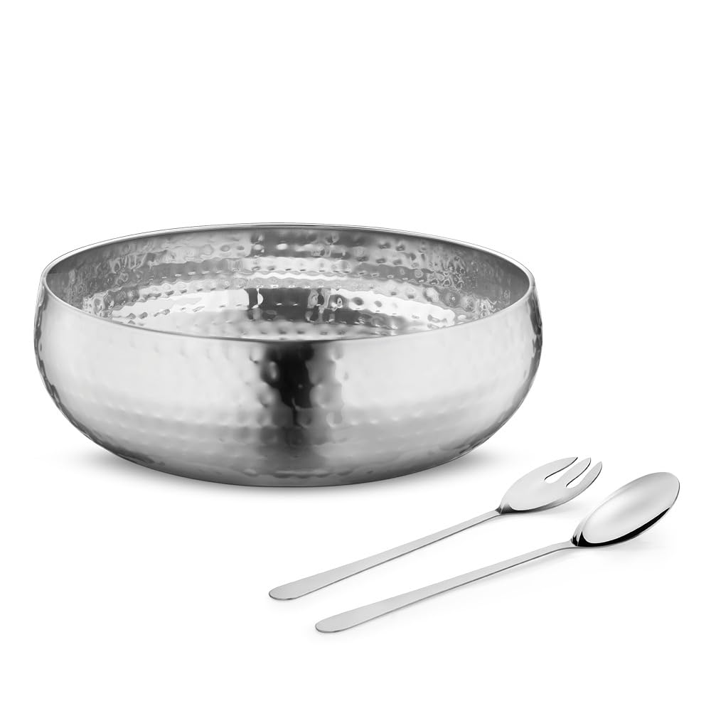 Avador® Set of 3 Premium Stainless Steel Salad Mixing Bowl Hammered Finish | Handmade | Includes Salad Serving Utensils (Stainless Steel)