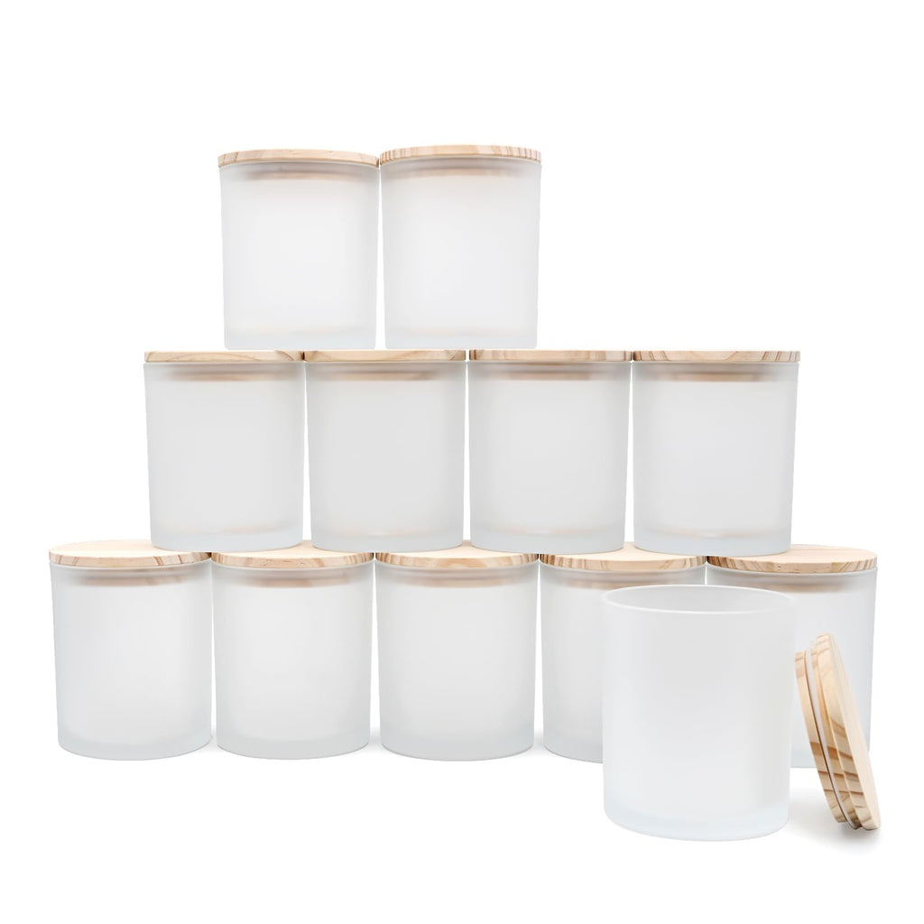 SHOWIN Thick Candle Jars for Making Candles 12 Pcs, 7 OZ Empty Jars with Wood Lids for Candle Making, Sample Container, Clear