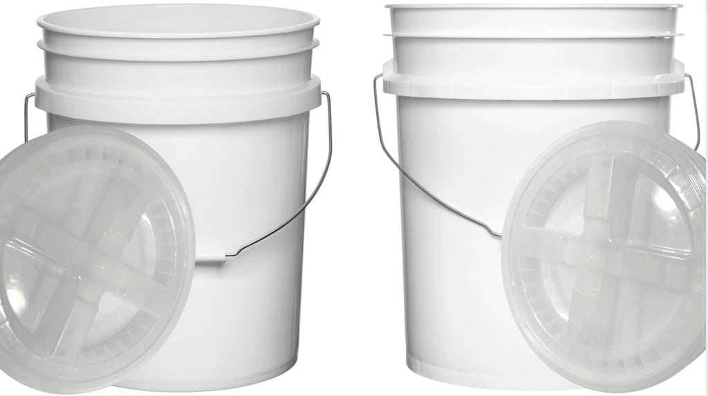 House Naturals Food Grade 5 Gallon Made in USA Plastic Bucket with Air Tight Screw on Lid (White Buckets with Red Lids)
