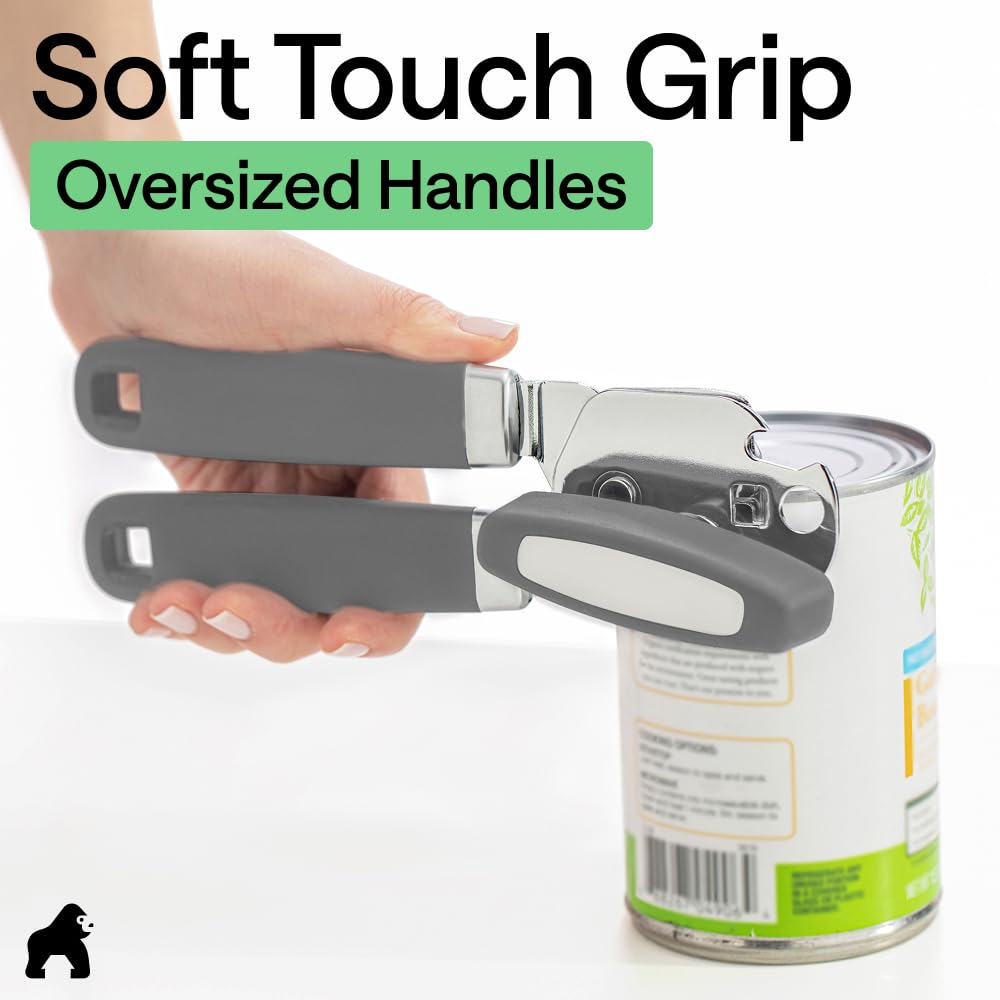 GORILLA GRIP Original Model Stainless Steel Smooth Edge Manual Can Opener and Bottle Openers, US Designed, Comfortable Handle, Oversized Handheld Turn Knob, Multifunctional Kitchen Tool, Gray