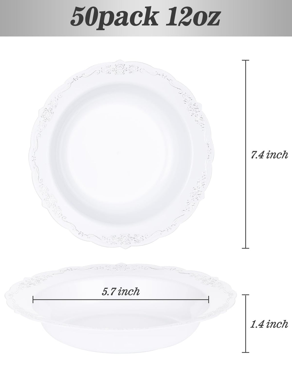 Bestluck 50 Pack White Plastic Bowls with Silver Rim