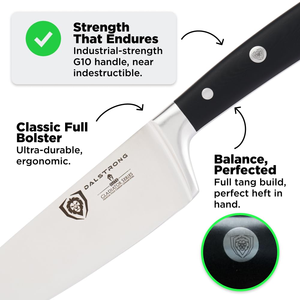 Dalstrong 8" Chef Knife — Forged High-Carbon German Steel, Full-Tang, Hand-Polished 16–18° Edge — Gladiator Series ELITE For Daily Home Cooking, BBQ Prep & Professional Kitchens — G-10, NSF