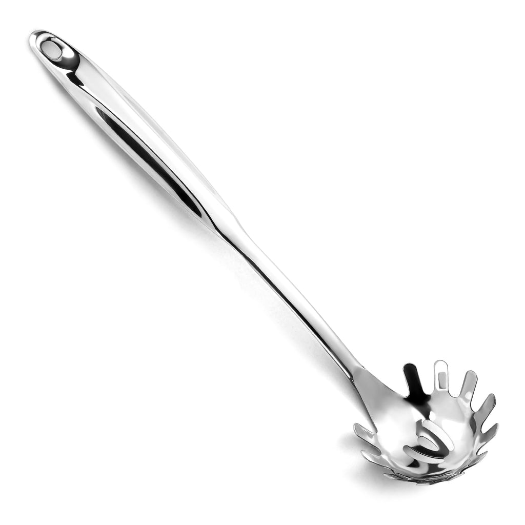 Pleafind Spaghetti Spoon, One-Piece Stainless Steel Pasta Spoon, 13-Inch Comfort Grip Design Pasta Scoop, Spaghetti Strainer with Teeth, Silver Pasta Server Utensil