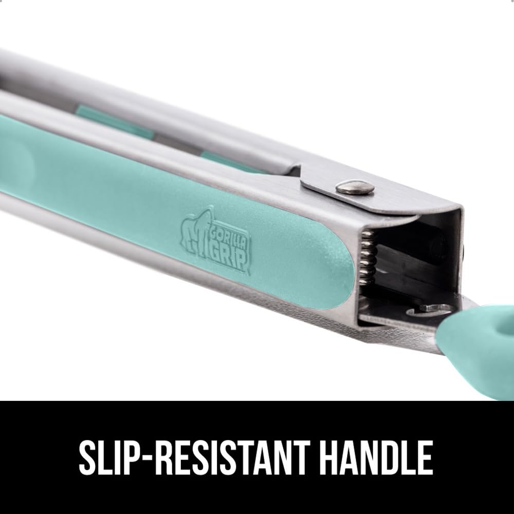 GORILLA GRIP Stainless Steel BPA-Free Kitchen Tongs for Cooking, 9+12 Inch, Heat Resistant BBQ Tong Set of 2, Non Scratch Silicone Tip for Pan, Strong Grip, Grab Food, Toss Salad, Pull Lock, Mint