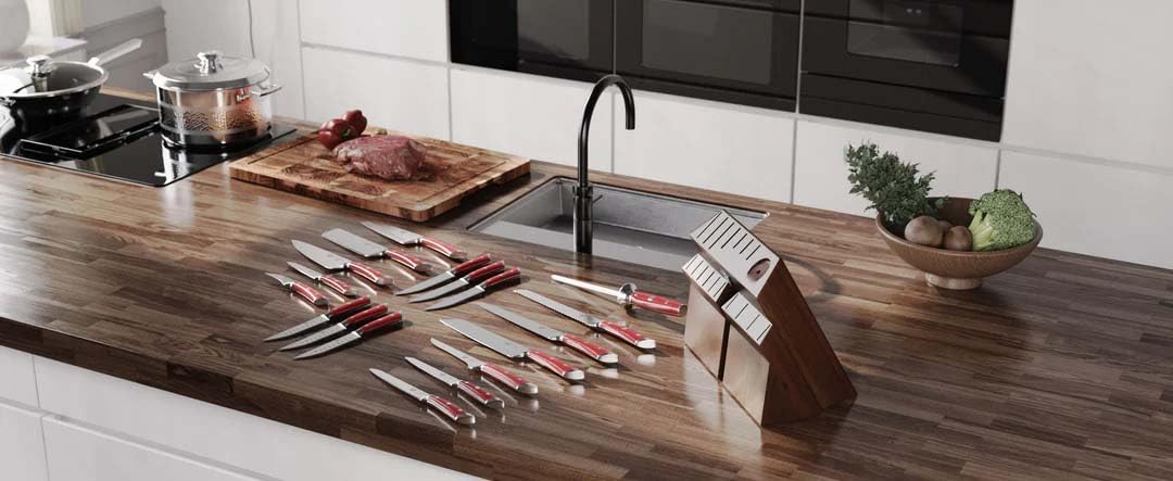 Dalstrong 18-Piece Gladiator Colossal Knife Block Set (Red Handles) — German High-Carbon Steel, Full-Tang, Hand-Sharpened — For Home Chefs, Wedding Registries & Serious Kitchens — Acacia Block, NSF