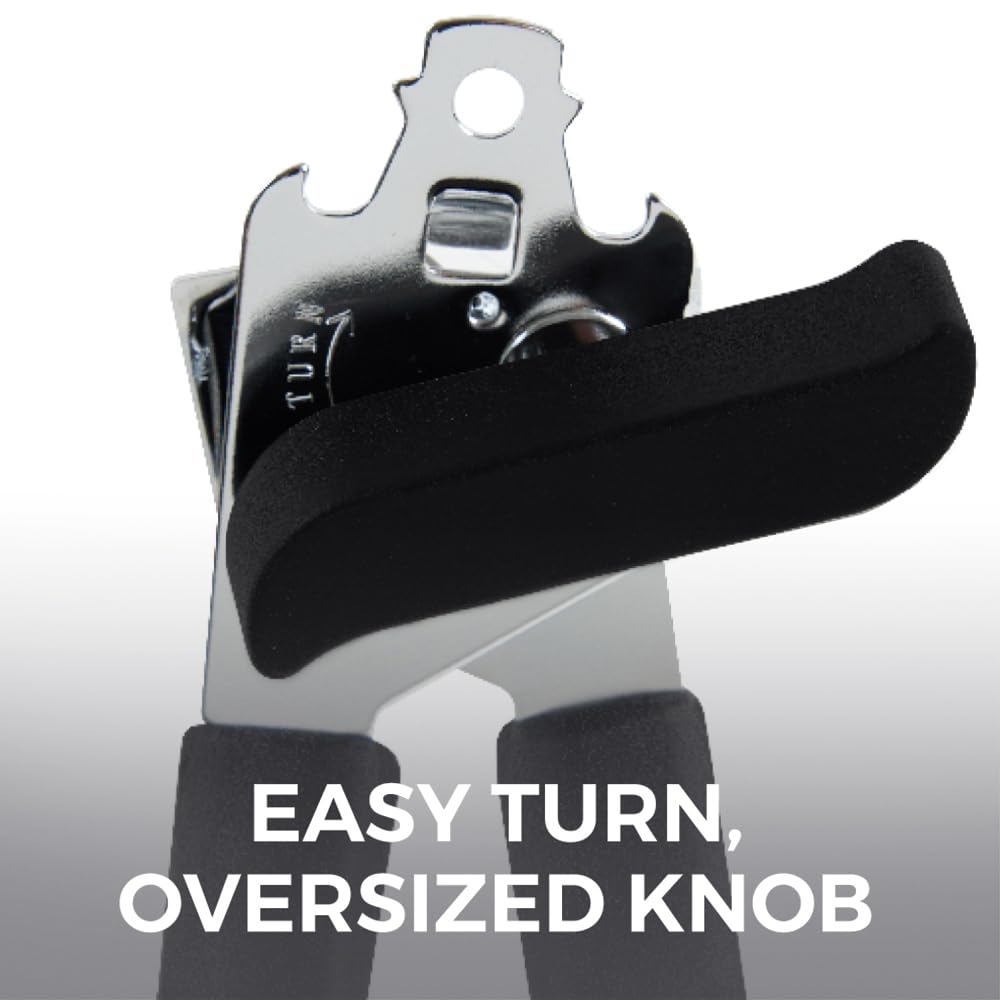 Kitchen Genie Slip Resistant Stainless Steel Manual Can Opener, Sharp Blade for Smooth Edge Cuts, Easily Open Cans, Ergonomic Handles with Easy to Turn Knob, Built-In Bottle Openers, Pitch Black