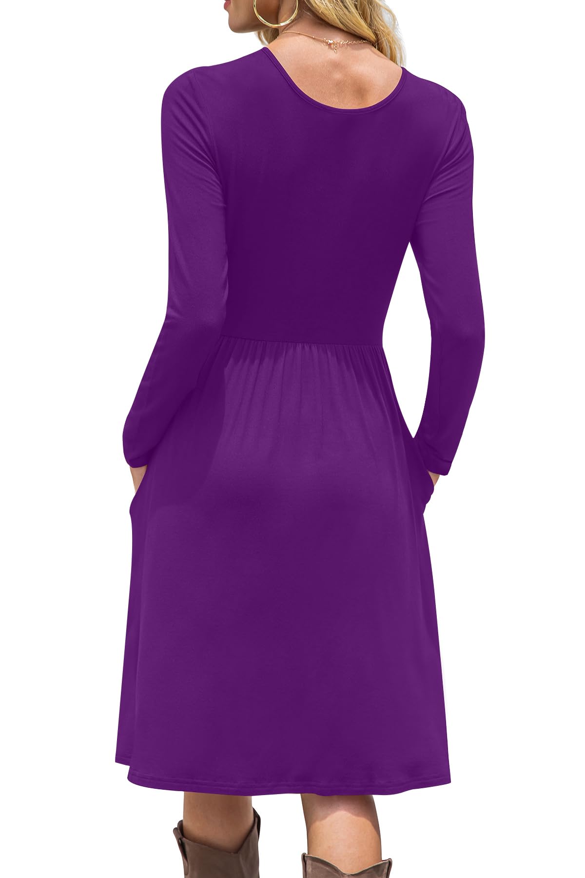 DB MOON Women Casual Long Sleeve Dresses Empire Waist Loose Dress with Pockets (Purple, L)
