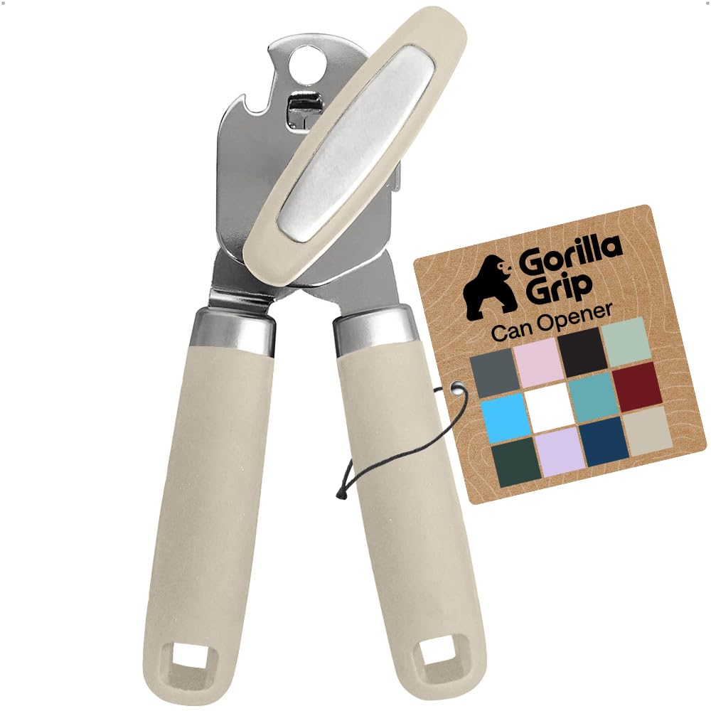 GORILLA GRIP Original Model Stainless Steel Smooth Edge Manual Can Opener and Bottle Openers, US Designed, Comfortable Handle, Oversized Handheld Turn Knob, Multifunctional Kitchen Tool, Almond