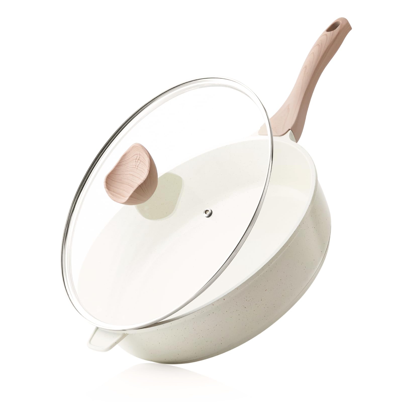 Kordisen Nonstick Ceramic Deep Frying Pan, 12 Inch Non Toxic Large Skillet with Lid, 5 Qt Healthy Jumbo Cooker, Saute Pan for Cooking, Induction Cookware, PFOA & PFAS Free (Cream)