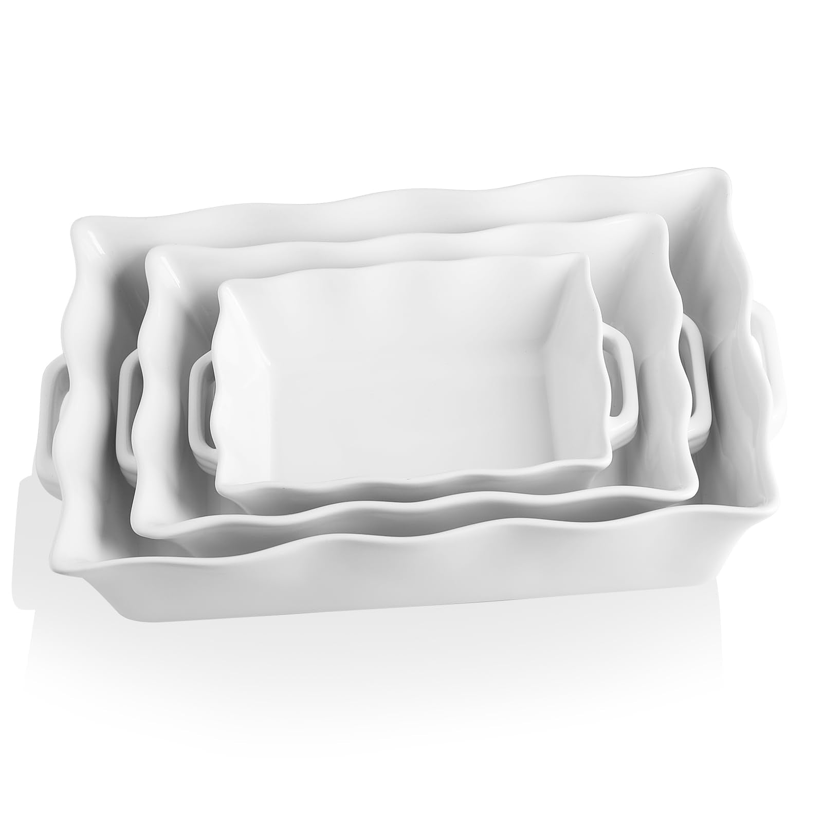 Sweejar Casserole Dishes for Oven, Ceramic Bakeware Set of 3, Rectangular Baking dish with Handles, Wave Edge Lasagna Pan Deep for Cooking, Cake, Dinner, Banquet and Daily Use (White)