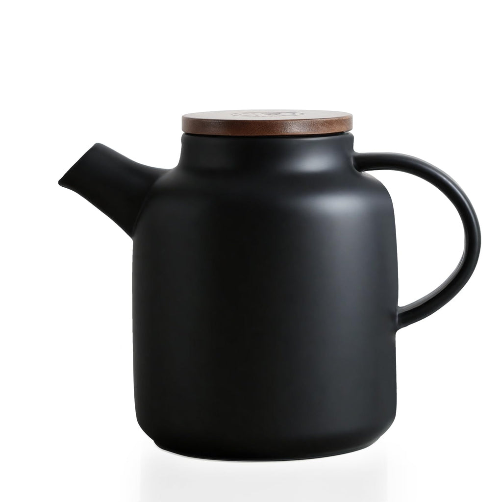 Yundu 1500ml / 50 oz Ceramic Teapot with Infuser & Wood Lid - Matte Black, Loose Leaf Tea Pot with Removable Strainer, Large Capacity