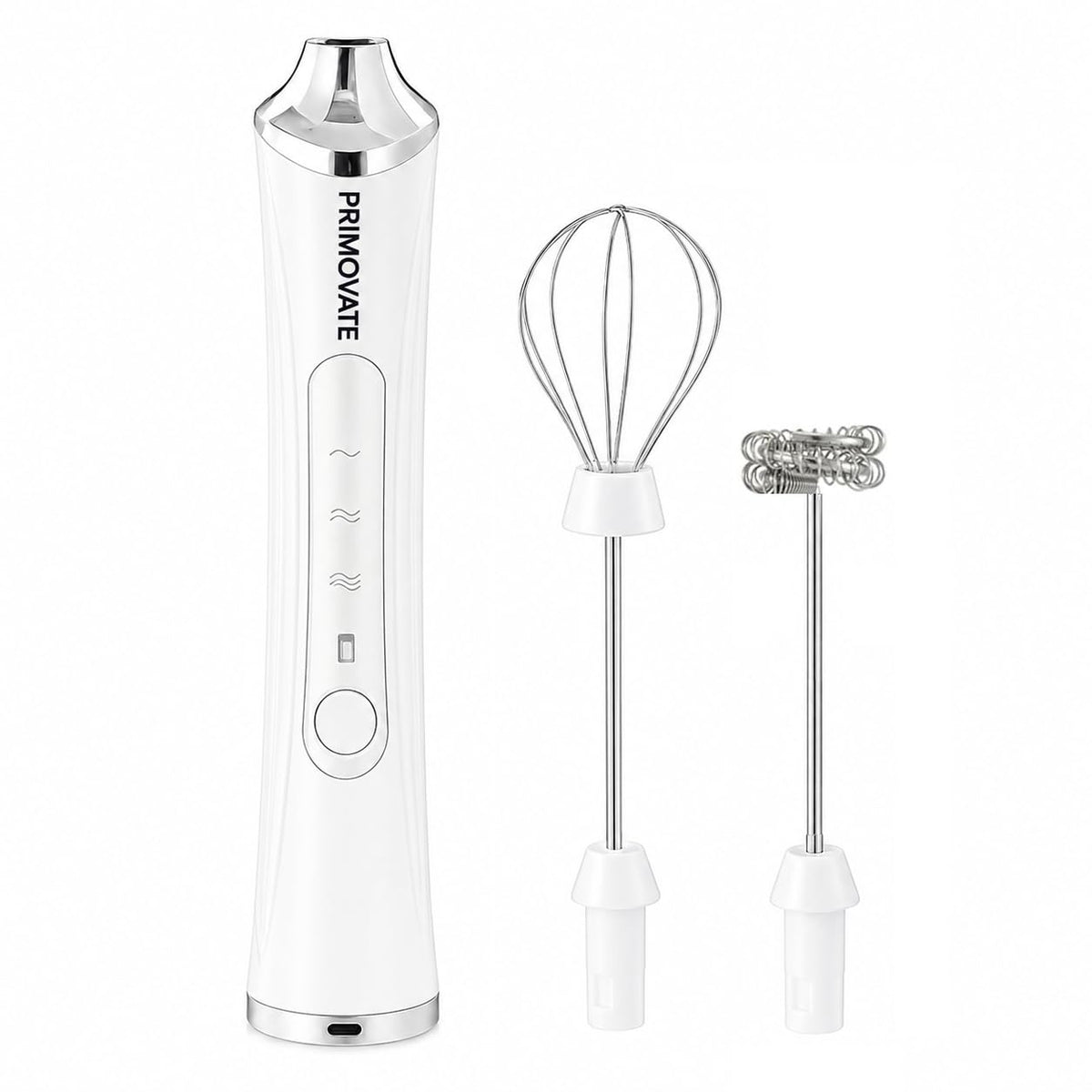 PRIMOVATE Rechargeable Milk Frother Handheld, Electric Coffee Frother with 2 Whisk, 3-Speed Powerful Drink Mixer, USB-C, Milk Foamer for Coffee,Latte,Cappuccino,Matcha & HotChocolate(White + Stand)